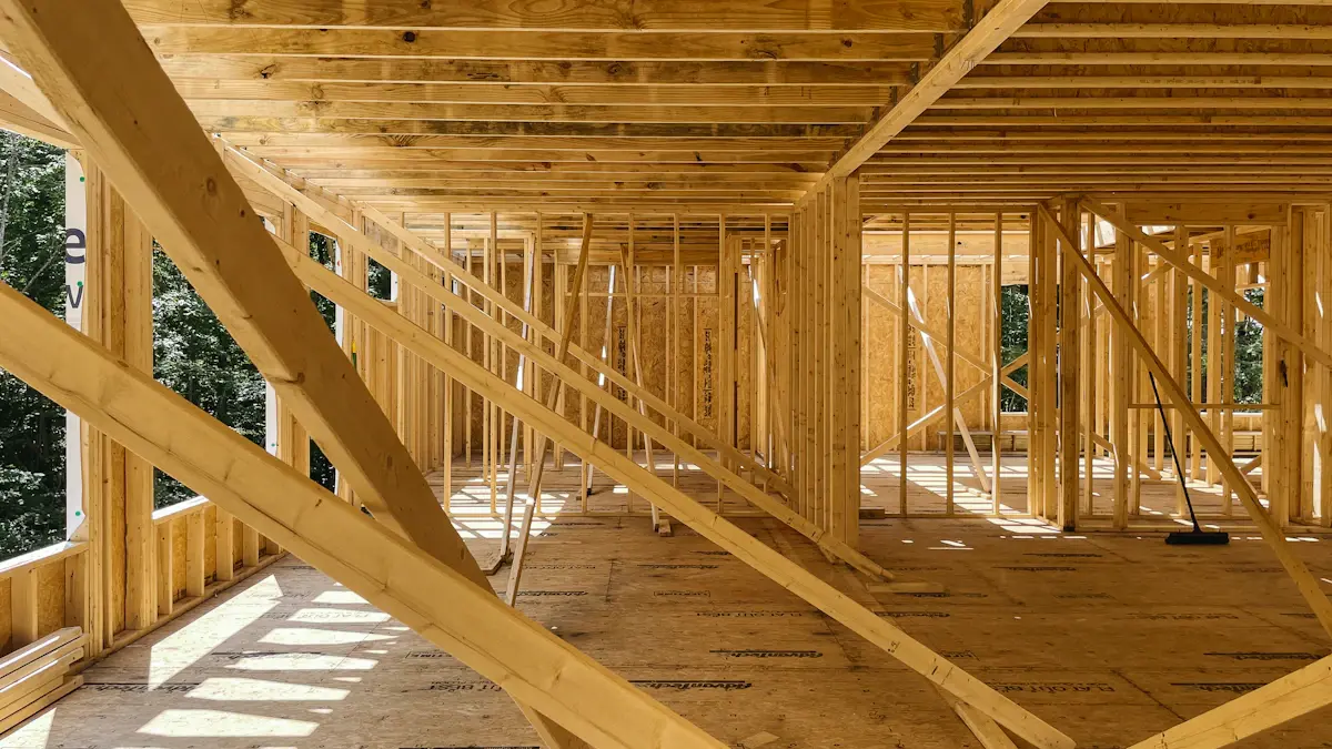 New home under construction showing wooden framing