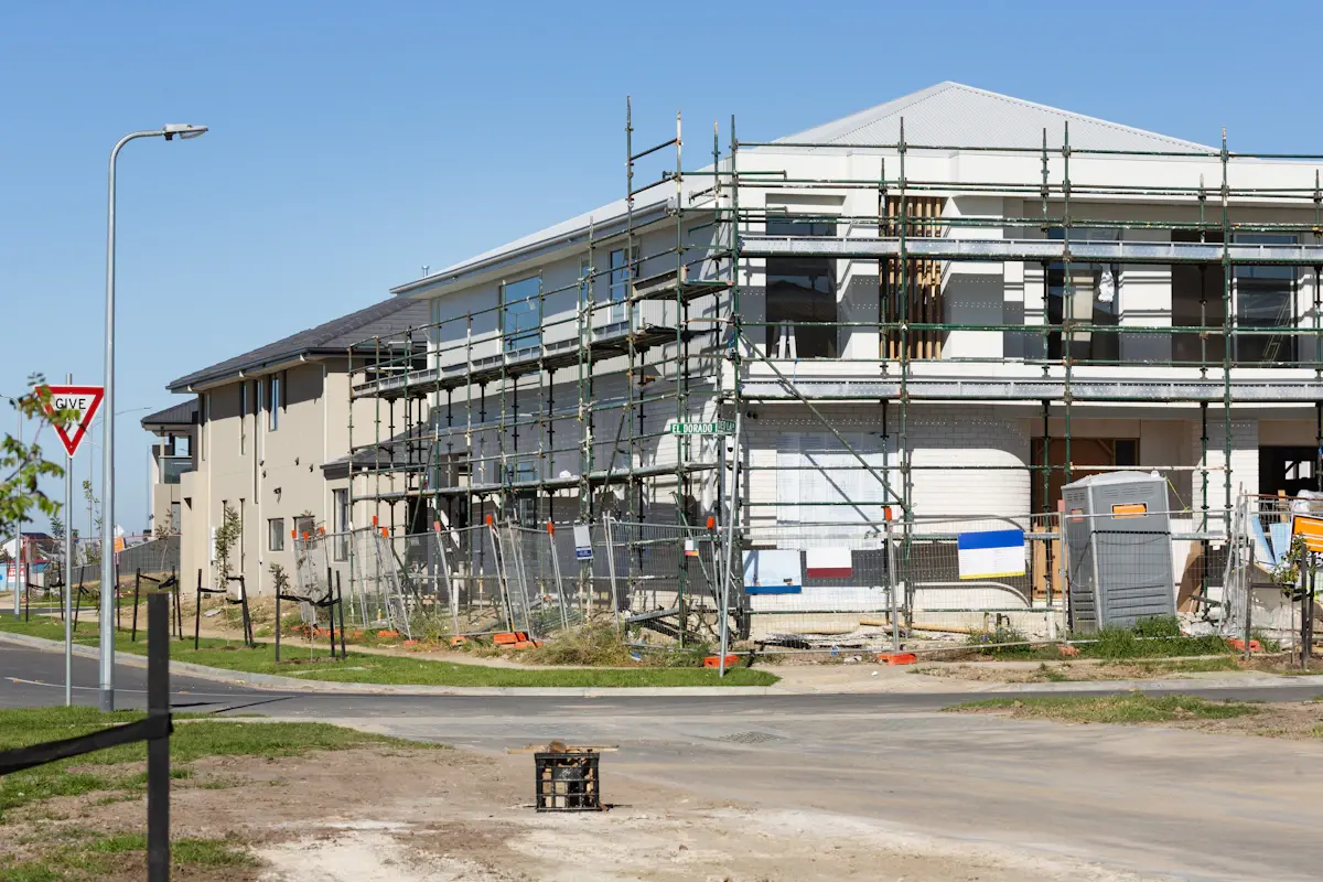 Commercial building under construction with scaffolding