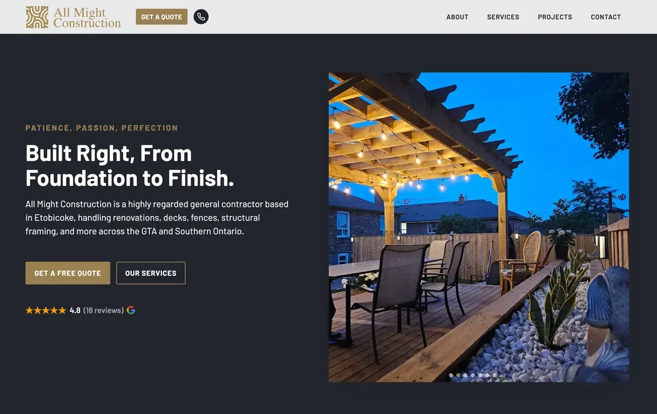 All Might Construction — new domain and custom website by TradesAdmin