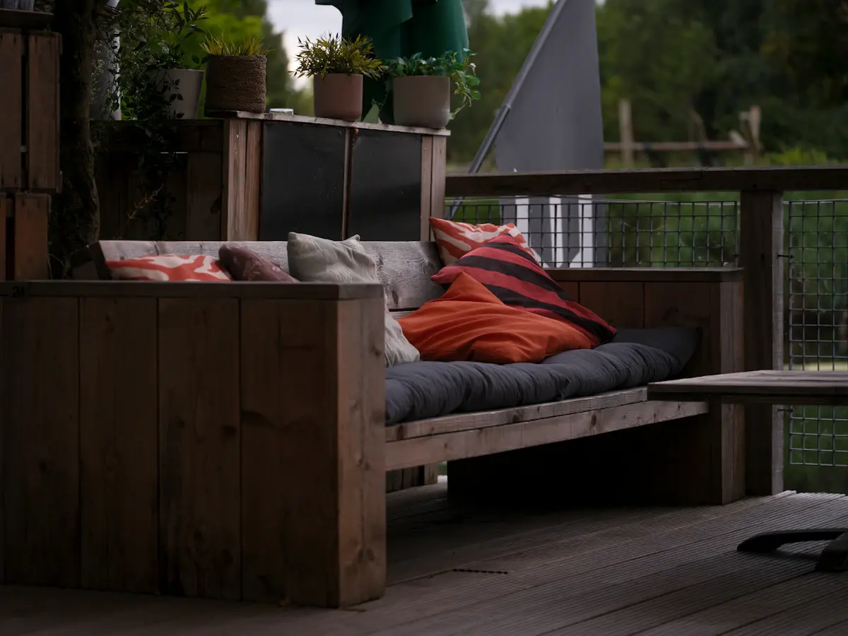 Completed wooden deck with outdoor seating area